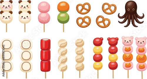 Cute Japanese street food sweets collection with dango skewers, pretzels, octopus snacks, and kawaii dessert characters vector illustration