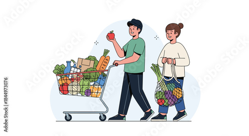 Happy young couple doing their grocery shopping together with a cart full of fresh, healthy vegetables, fruits, and other foods.