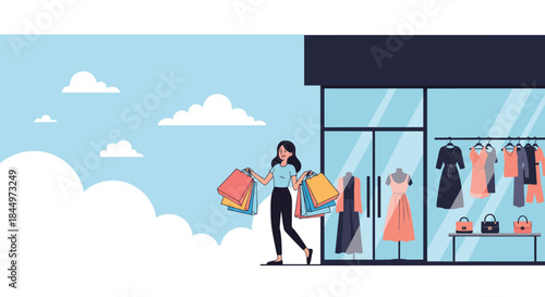 A stylish woman carries multiple shopping bags while walking away from a modern clothing boutique with a beautiful window display.