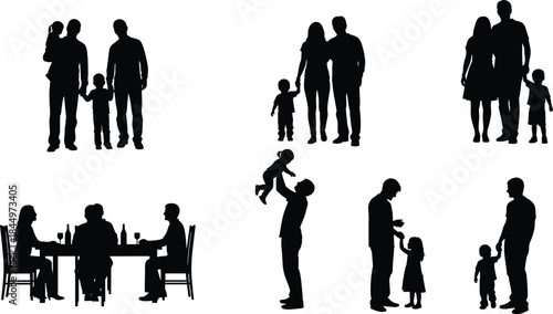 Family Life and People Interaction Silhouette Vector Set, Parents Children Dinning Socializing Bonding Care Giving Love, Black and White Illustration Collection.