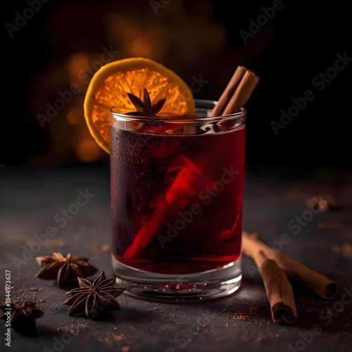 Luxury Hot Mulled Wine with Orange Slice, Cinnamon and Star Anise on Dark Background