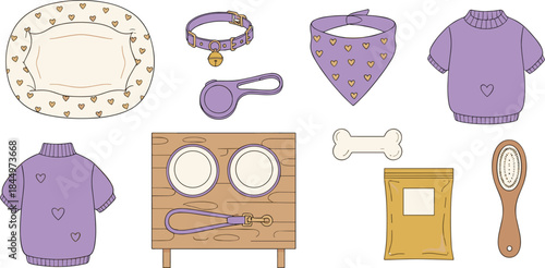 Cute pet care accessories set with dog bed, collar, leash, bowls, clothes, food, and grooming items vector illustration