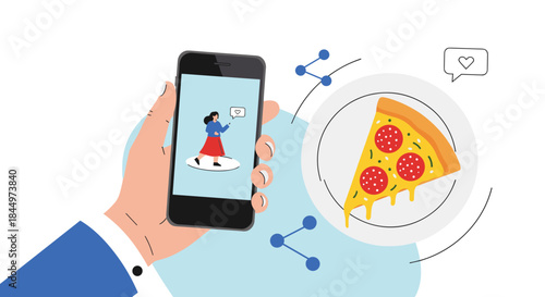 A hand holds a smartphone showing a food delivery app, with a slice of pepperoni pizza being shared and liked on social media.