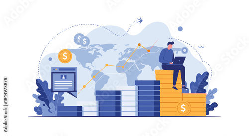 A man works on his laptop while sitting on a growing stack of gold coins, illustrating global business and financial success.