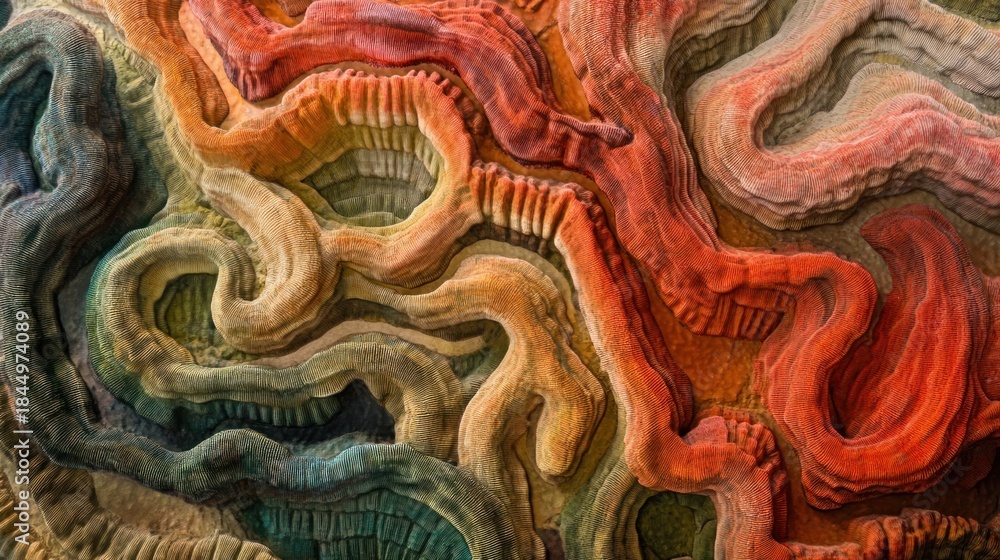 Obraz premium The texture of a giant brain coral, its labyrinthine grooves and valleys, vibrant colours, underwater close-up