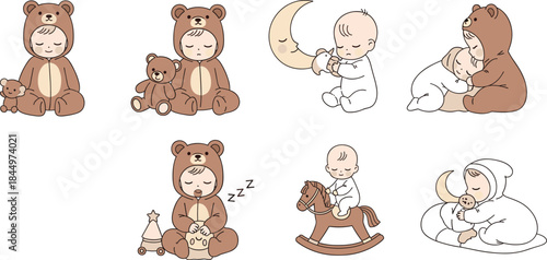 Cute sleeping baby character set with teddy bear moon rocking horse and bedtime nursery scenes flat vector illustration