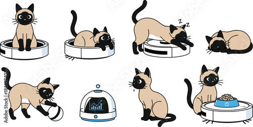 Cute robot vacuum cleaner with playful cat character set showing cleaning feeding sleeping actions flat vector illustration