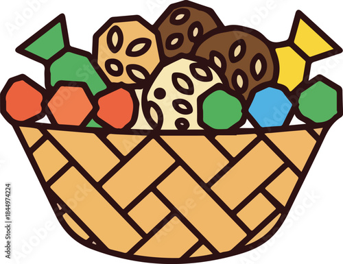 Woven basket filled with candies and spherical pastries, perfect for confectionery shops, bakeries, or newsletters on sweet treats.
