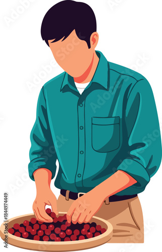 Man picking cherries from a tray in a vibrant illustration. Suitable for food and beverage packaging or summerthemed designs.