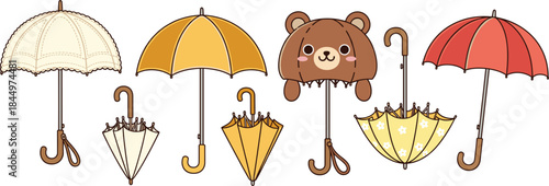 Cute umbrella collection with kawaii bear design, colorful rainy weather accessories, decorative cartoon style vector illustration