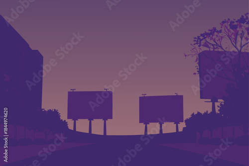 Dramatic purple cityscape silhouette with billboards, evocative of urban landscapes at twilight, perfect for branding, advertising, or impactful concepts