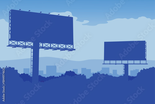 Modern billboard silhouettes against city skyline, perfect for advertising mockups or urban branding campaigns with a contemporary, clean design aesthetic