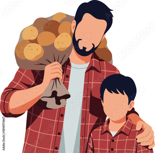 Father and child with a sack of potatoes, showing a moment of family bonding and agricultural activities. Suitable for family and foodrelated concepts.