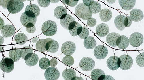 Round translucent eucalyptus leaves pattern, airy botanical calm