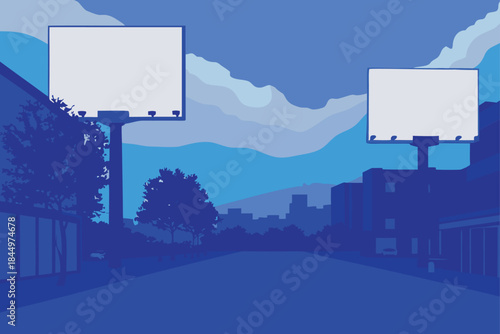 Eye-Catching billboards standing tall against a captivating blue skyline, perfect for advertising campaigns and city promotions, vibrant urban landscapes