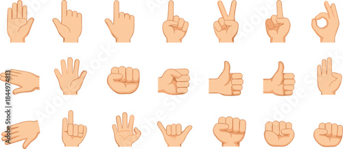 Flat cartoon hand gesture icon set showing pointing, thumbs up, fist, peace, okay signs for UI design