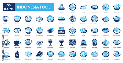 Indonesia Food Fill Icon Set. Fried Rice, Fried Noodles, Satay, Rendang Beef, Gado Gado, Chicken Soto, Meatball Soup