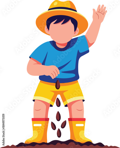 Young boy in a hat planting seeds in the ground. Great for gardening, agriculture, ecofriendly, sustainability, farming, lifestyle, childhood, outdoors, spring concepts.