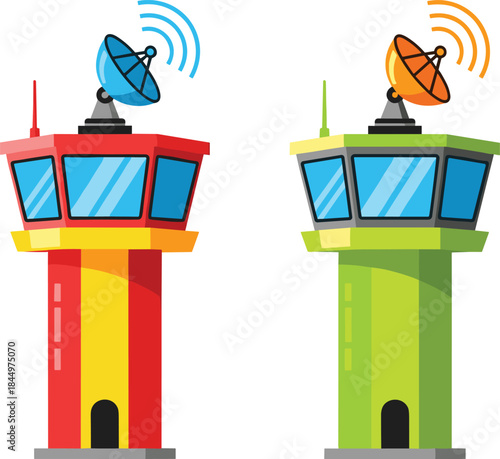 Air Traffic Control Tower Flat Design Vector Illustration Set, Featuring Colorful Red and Green Buildings with Radar Dish Antenna, Representing Aviation, Communication, and Airport Authority.