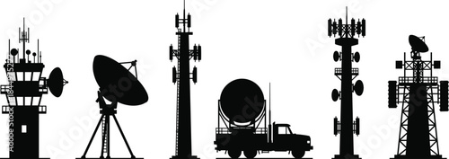 Collection of Flat Silhouette Communication Towers and Radio Antennae Vector Illustration Set, Including Radar, Cell Phone, Broadcast, and Mobile Satellite Equipment Symbols.
