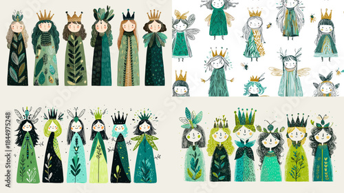 Whimsical fantasy queen character illustration set in soft green tones featuring regal costumes and expressive poses perfect for fairy tale art storytelling and children book design.
