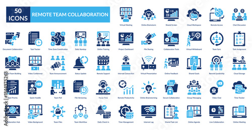 Remote Team Collaboration Fill Icon Set. Virtual Meeting, Online Brainstorm, Shared Screen, Cloud Workspace, Remote Access, Chat Discussion, Task Assignment