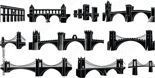Collection of Medieval and Ancient Bridge Silhouettes Vector Illustration Set, Including Historical Stone Aqueducts, Castle Bridges, and Classical Architectural Transportation Structures.