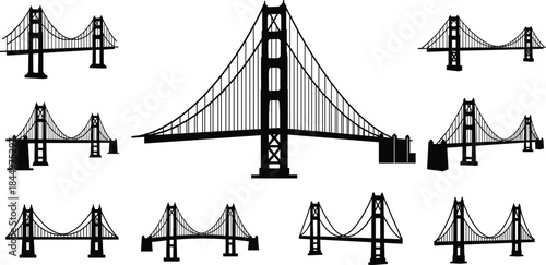 Collection of Suspension Bridge Silhouette Vector Illustrations, Featuring Variations of Iconic Long-Span Structures, Representin