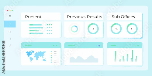 Data analytics dashboard interface with charts graphs and global map visualization