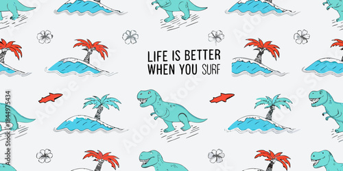 Dinosaur and tropical island pattern with surfing theme and playful text