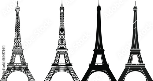 Eiffel Tower Silhouette Vector Illustration Set, Iconic Parisian Landmark in France, Various Styles of Architectural Symbol of Paris and European Travel Destination.