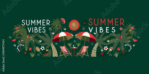 Tropical summer scene with beach chairs umbrellas and palm leaves illustration