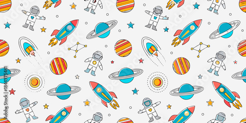 A playful space pattern with astronauts rockets planets and stars
