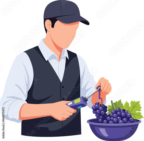 Man assesses grapes in bowl. Ideal for food, agriculture, quality control, farming, and fruit production concepts in marketing materials.