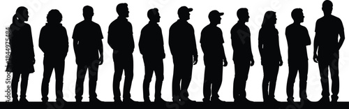 Full-length black silhouettes of diverse people standing in liv