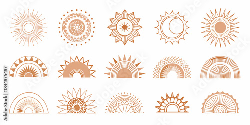 Collection of minimalist sun and rainbow illustrations in warm terracotta tones