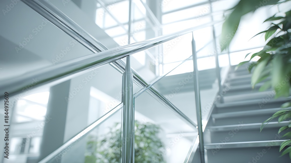 Obraz premium Modern glass staircase in a bright office building interior.