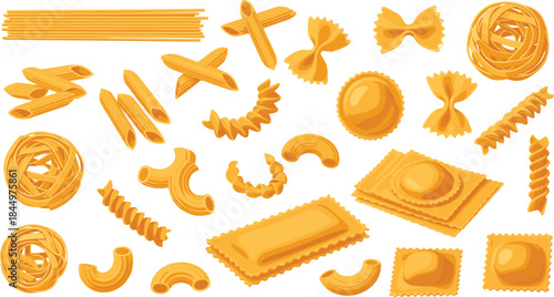 Italian pasta shapes collection including spaghetti, penne, farfalle, fusilli, ravioli, and macaroni food vector illustration