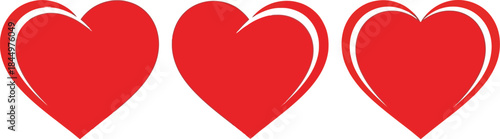 Three vibrant red heart shapes with subtle white outlines arranged horizontally on a clean white background, symbolizing love and affection and care.