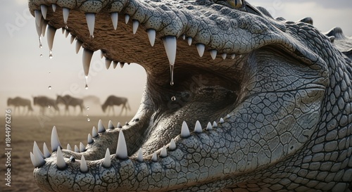 Predatory Ambush: A Crocodile's Open Maw in the African Savannah Ecosystem Realm