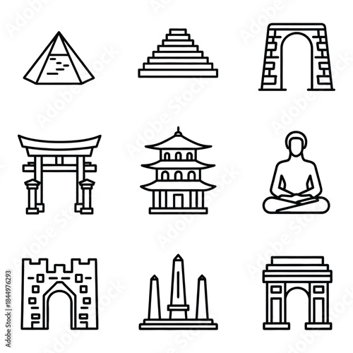 Ancient monuments and landmarks icons set