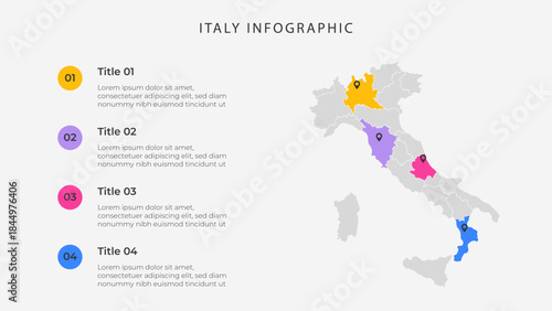 Italy map infographic template with 4 options. Italy political map infographic for presentation.