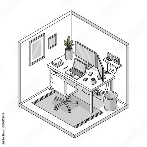 Isometric Office Workspace with Computer and Desk.