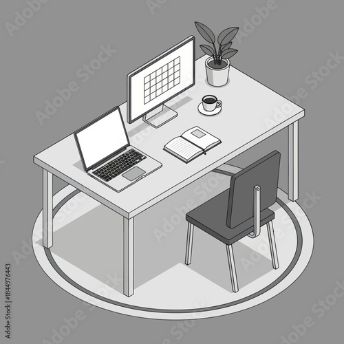 Modern Office Desk with Laptop and Accessories.
