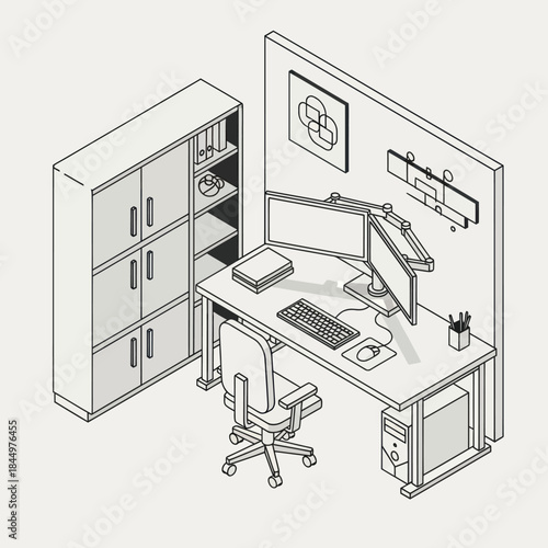 Modern Office Workspace with Computer and Chair.