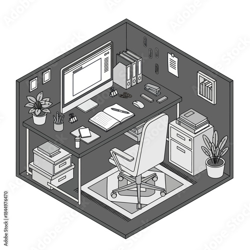 Isometric Office Workspace with Desk and Chair.