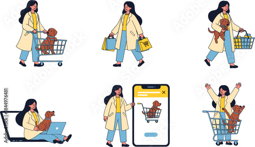 Modern woman shopping with dog illustrations set showing online and offline purchases, pet friendly lifestyle vector characters