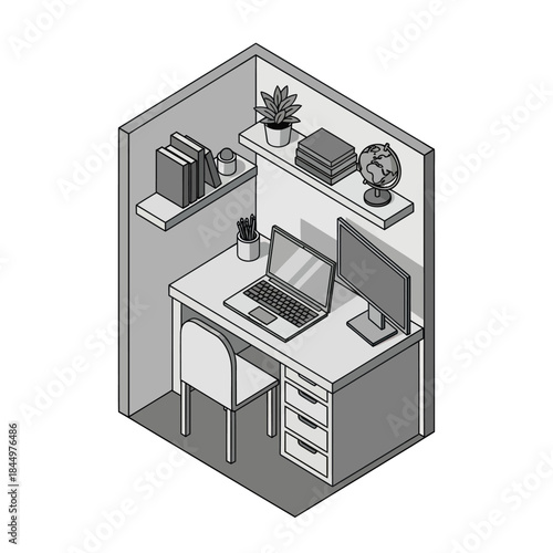 Compact Home Office Workspace with Computer.