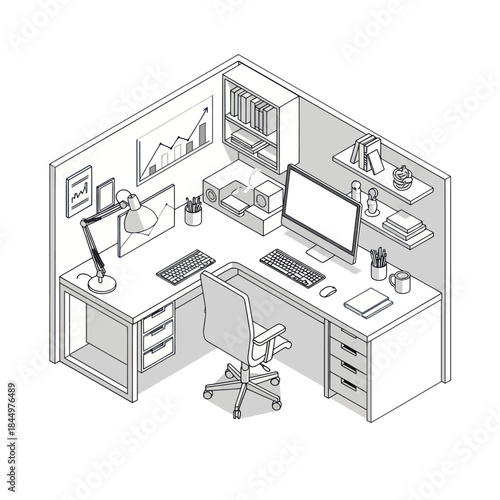 Modern Office Workspace with Computer and Chair.