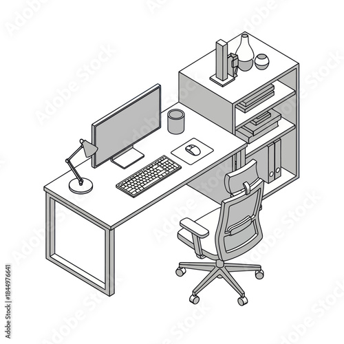 Modern Office Desk with Computer and Chair.